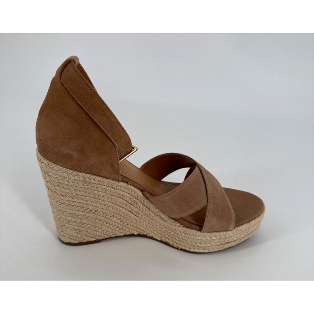 Lisa Vicky Wedge Sandals Cognac Suede 9.5 Cross-Strap Espadrille Heel - Picture 7 of 10